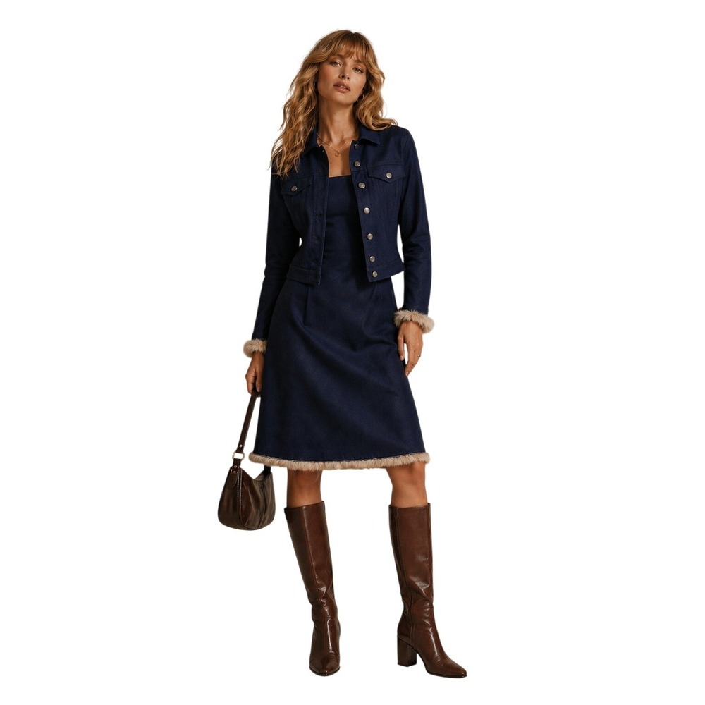 Tahari Y2K Navy Blue Denim 2-Piece Set Rabbit Fur Trim Jacket Strapless Dress